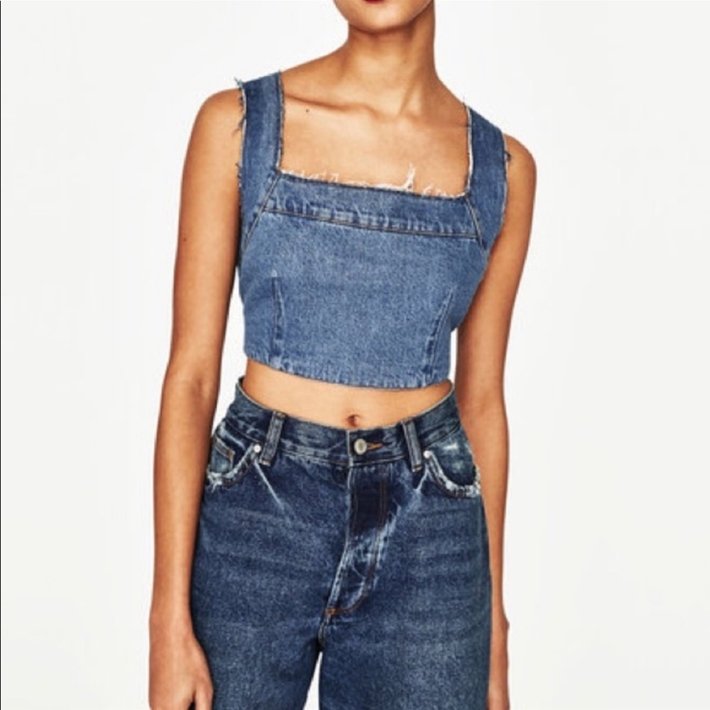 Zara denim distressed tie back crop Size M